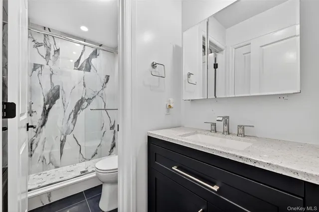 a bathroom with a granite countertop sink a toilet and shower