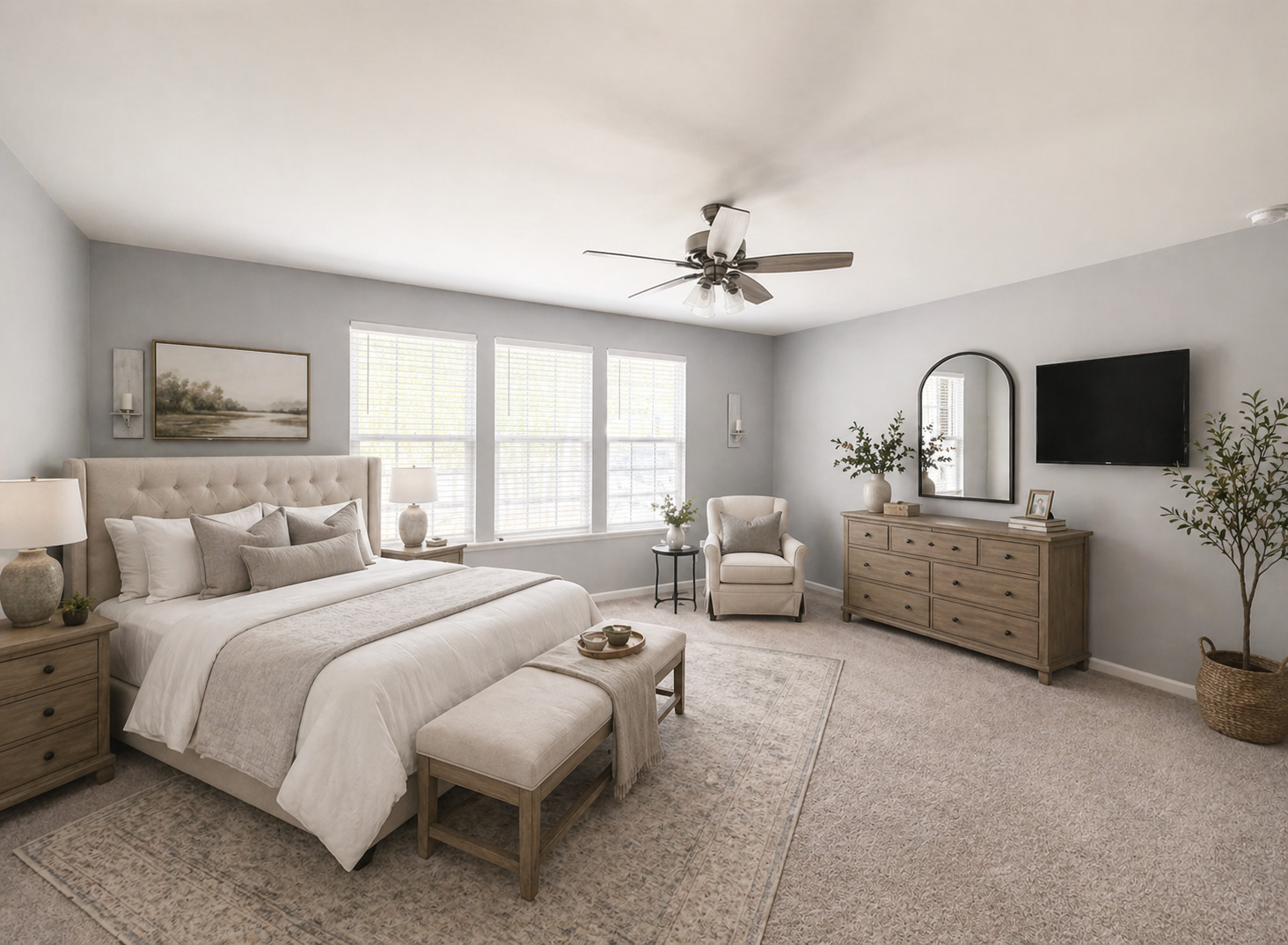 713 Long Ridge Trail Minooka, IL 60447 - Photo 27 of 40 a spacious bedroom with a bed a couch and a flat tv screen on dresser