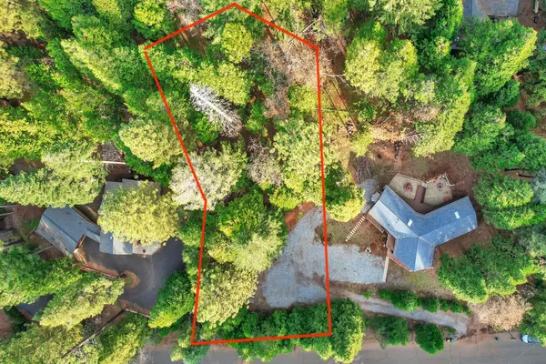 an aerial view of a house with a yard and large trees