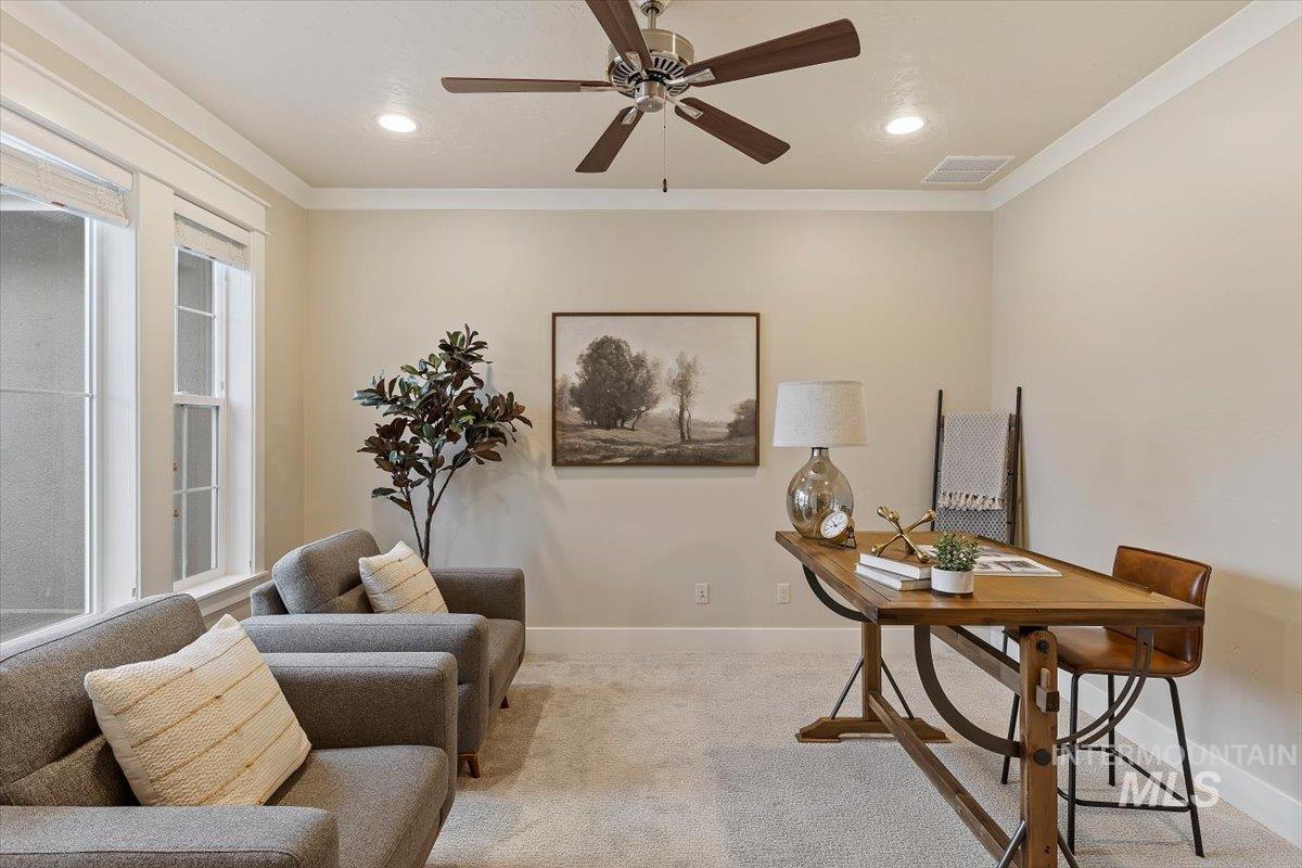 1366 North Waterbrook Way Star, ID 83669 - Photo 6 of 30 Carpeted office featuring ornamental molding, ceiling fan, and recessed lighting
