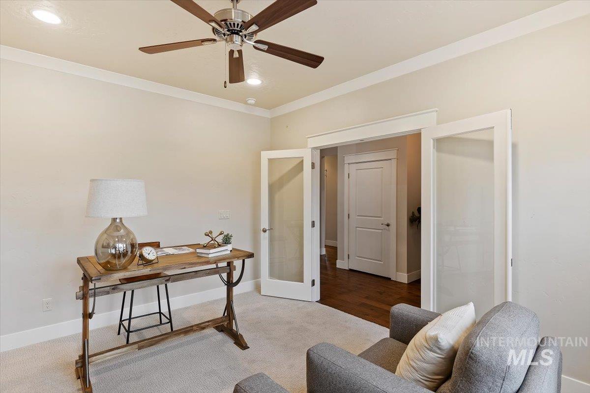 1366 North Waterbrook Way Star, ID 83669 - Photo 8 of 30 Office area with french doors, crown molding, a ceiling fan, recessed lighting, and carpet