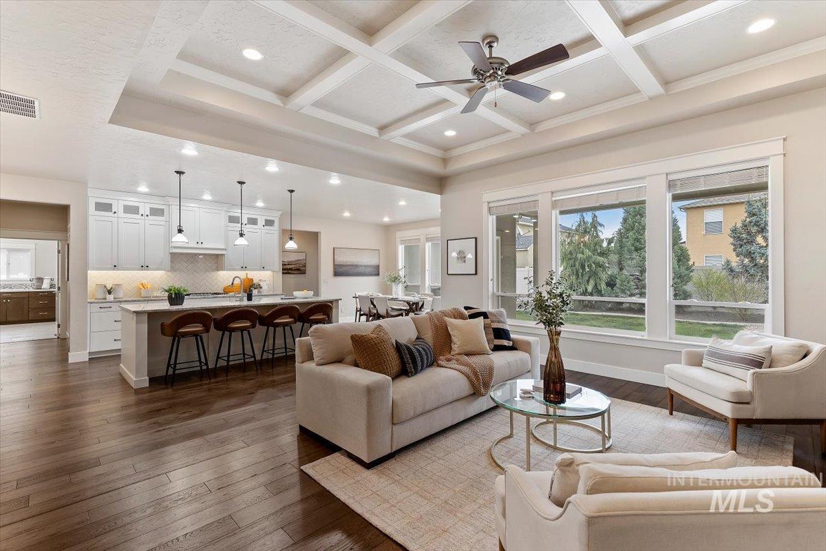 1366 North Waterbrook Way Star, ID 83669 - Photo 9 of 30 Living area with coffered ceiling, ceiling fan, recessed lighting, and dark wood-style flooring