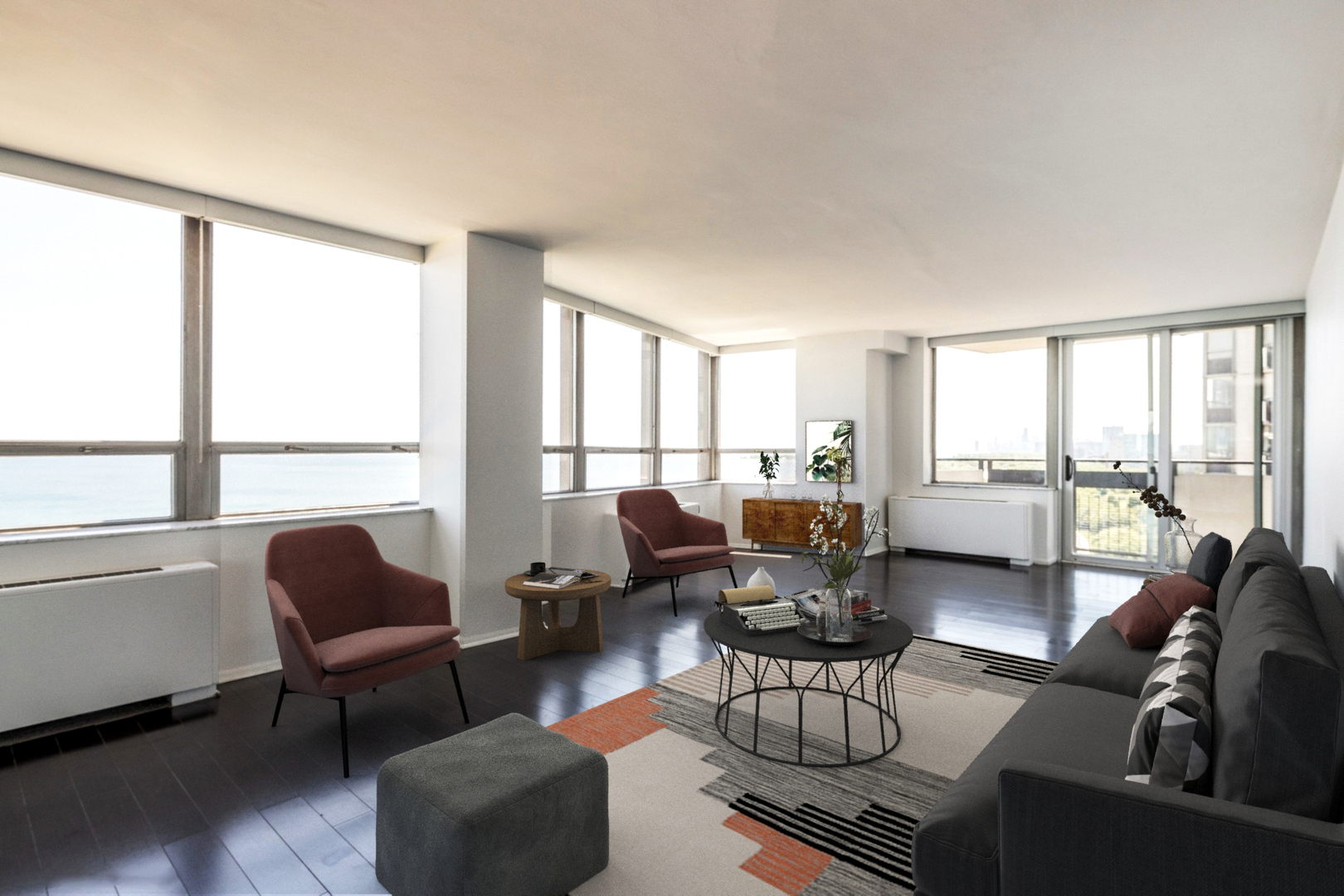5701 North Sheridan Road, Unit 20J Chicago, IL 60660 - Photo 2 of 25 a living room with furniture and floor to ceiling windows