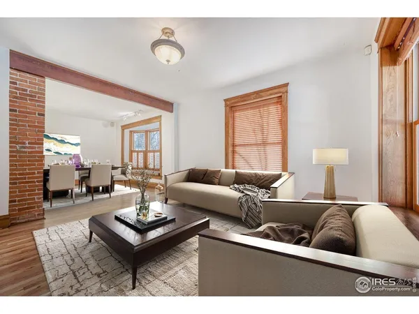 a living room with furniture a rug and a window