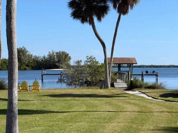 a view of swimming pool with a yard and palm trees