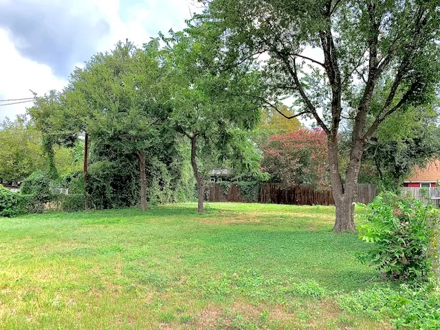 a view of a grassy field with trees in the background