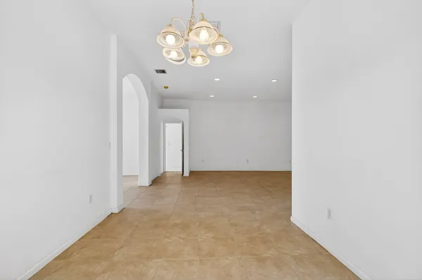 en view of a chandelier in a room