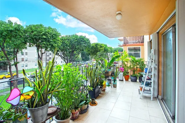 a view of a park with plants and a bench