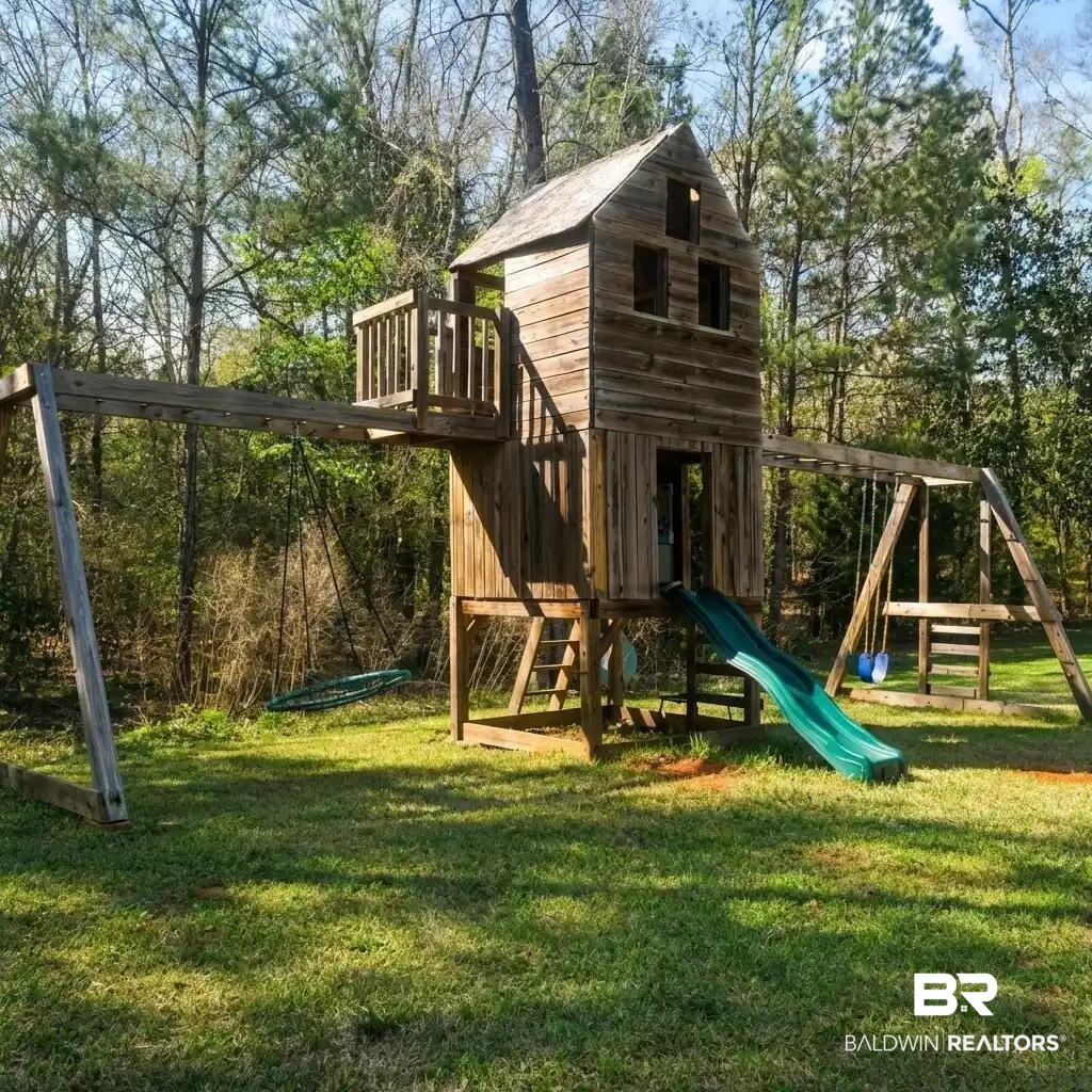 8008 Patricks Landing Road Bay Minette, AL 36507 - Photo 27 of 33 Expansive backyard featuring a multi-level wooden playset with a built-in playhouse, an attached slide, and multiple swing stations