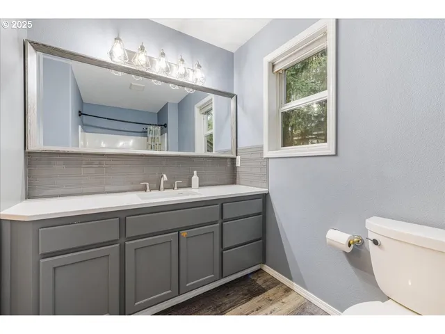 a bathroom with a sink a toilet and mirror