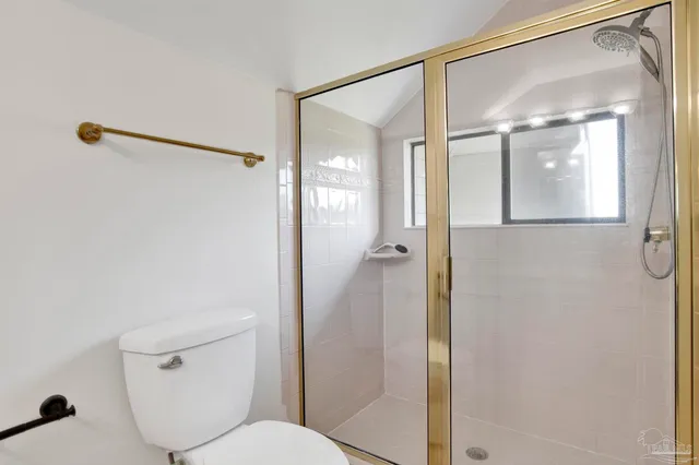 a bathroom with a shower and a toilet