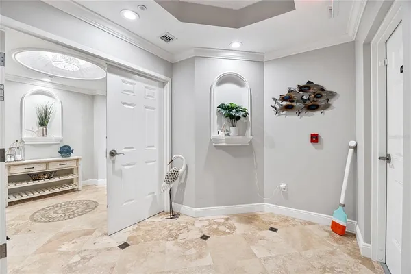 a view of a balcony with wooden floor