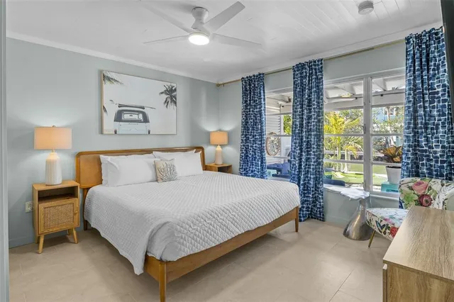 a bedroom with a bed and lamps