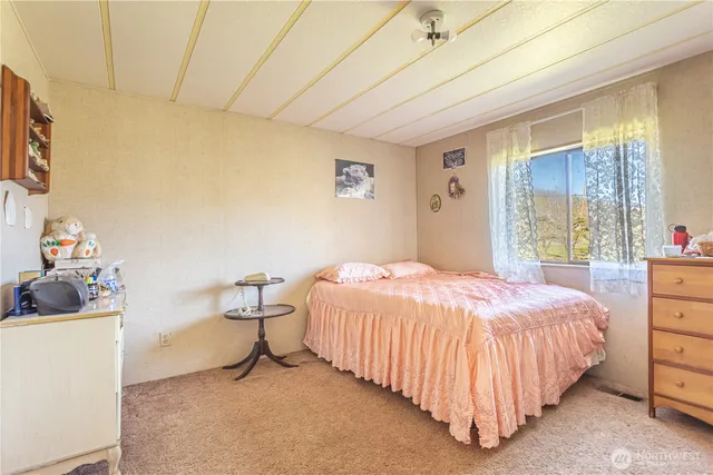 a bedroom with a bed and dresser