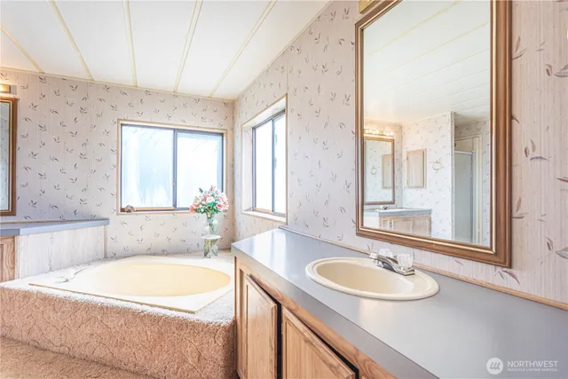 a bathroom with a tub sink and mirror