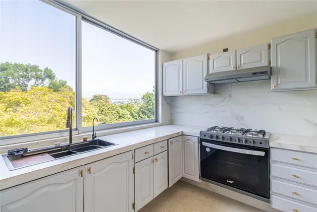 a kitchen with stainless steel appliances a stove sink and cabinets