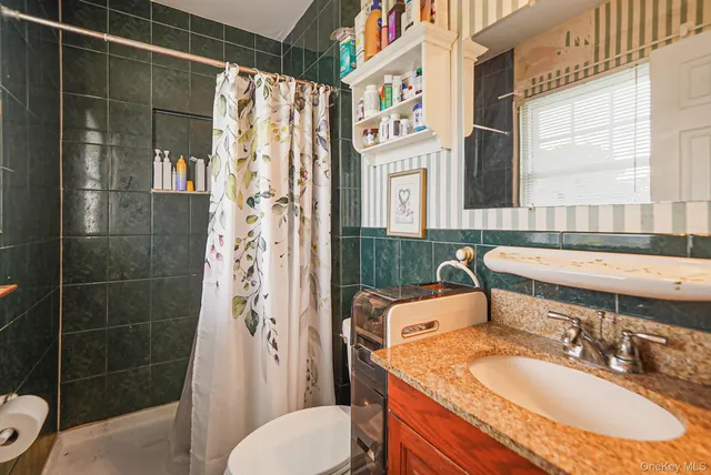 a bathroom with a granite countertop sink toilet and shower