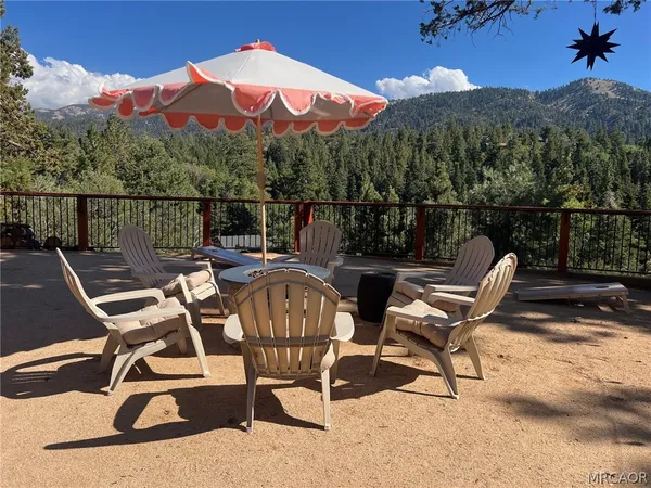 a view of a chairs and table in patio