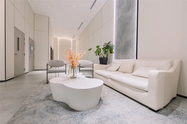 a living room with couches and a potted plant on a dresser