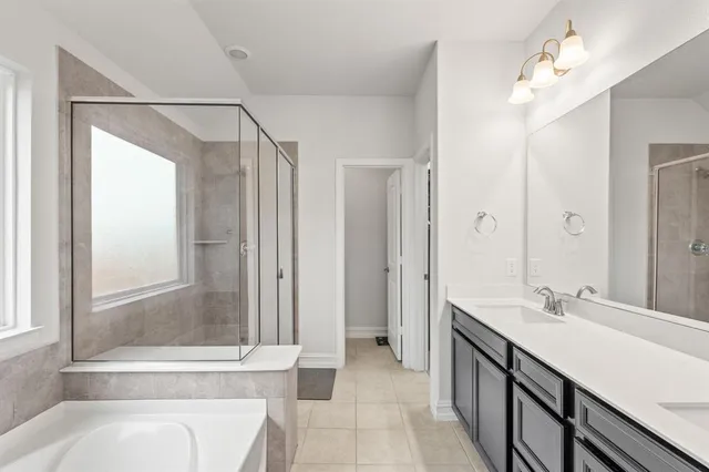 a bathroom with a tub sink and mirror