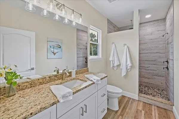 a bathroom with a granite countertop sink a toilet and shower
