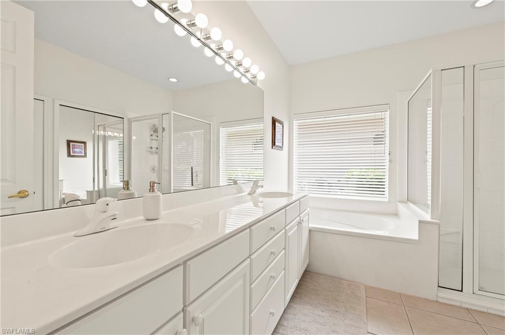17887 Modena Road Miromar Lakes, FL 33913 - Photo 15 of 50 a bathroom with a sink a large mirror and a bathtub next to a window