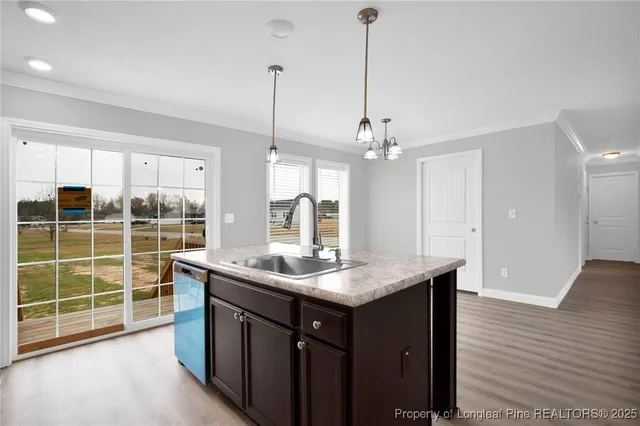 a kitchen with stainless steel appliances granite countertop a sink a counter space and a wooden floor