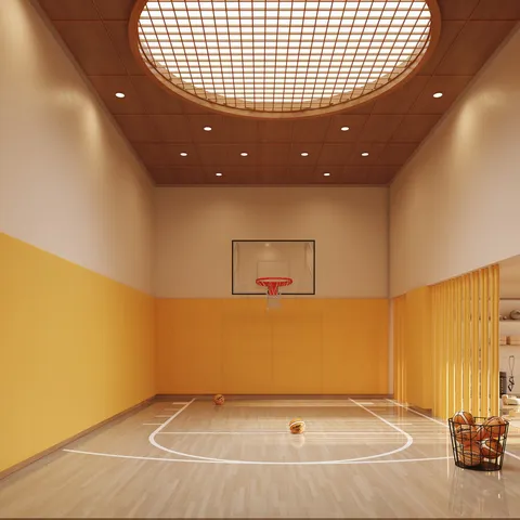 a view of a indoor basketball court