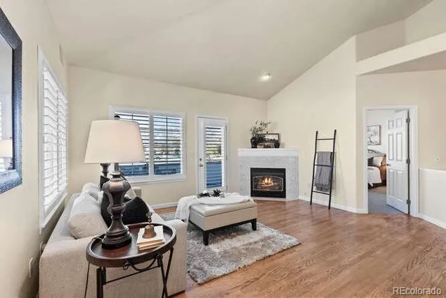 a living room with furniture and a fireplace