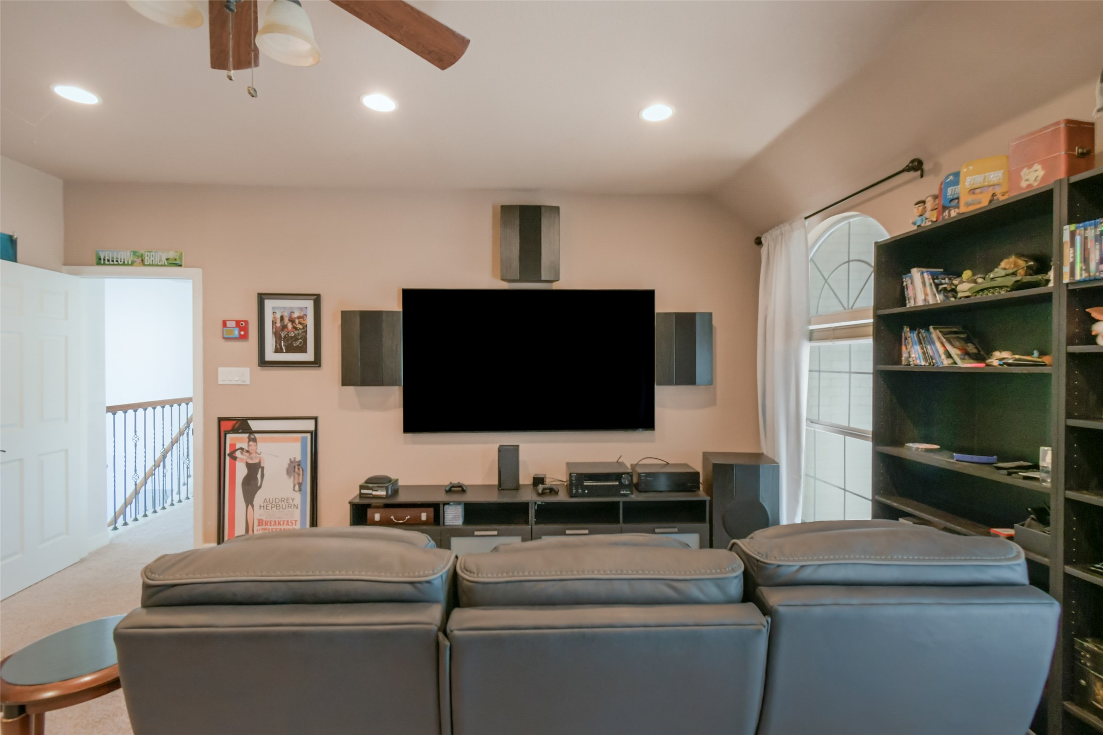 8903 Halder Cove Austin, TX 78717 - Photo 16 of 26 Living area with ceiling fan, recessed lighting, and vaulted ceiling