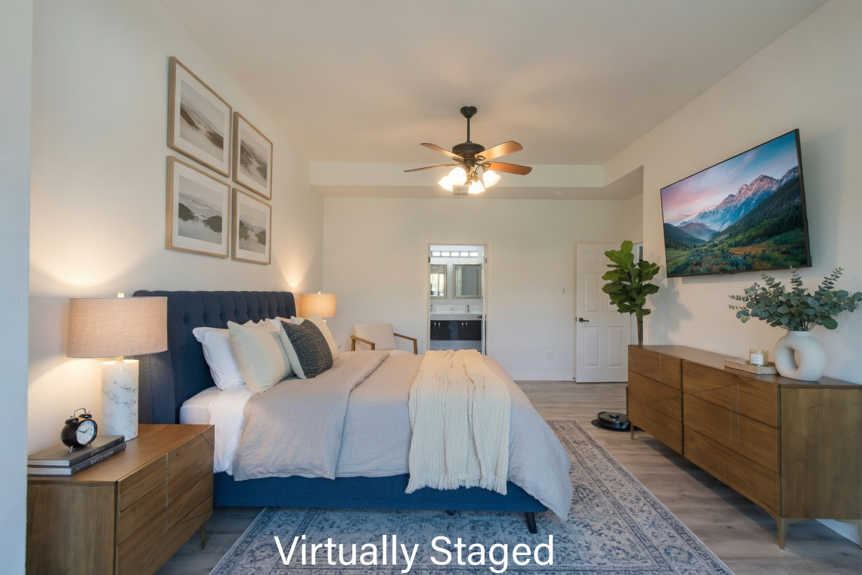 8903 Halder Cove Austin, TX 78717 - Photo 6 of 26 Bedroom with connected bathroom, high ceilings, LVP flooring, and ceiling fan