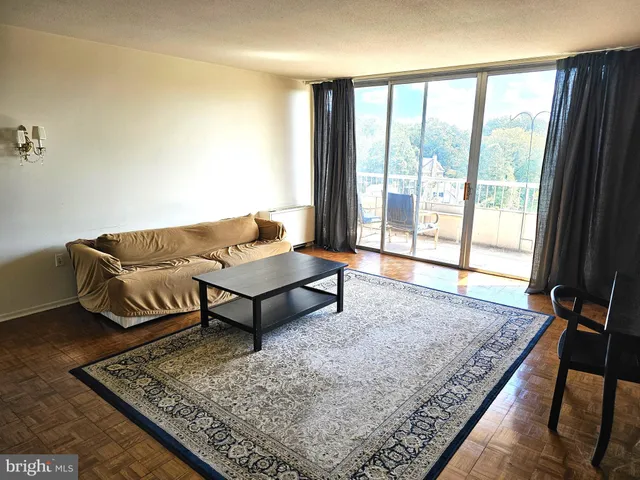 a living room with a couch and a rug