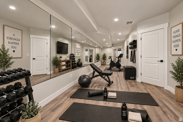 754 West 400 North Mapleton, UT 84664 - Photo 67 of 86 Virtually Staged for Decor Ideas. Dedicated fitness area featuring extensive wall-mounted mirrors, recessed lighting, and wood-finish flooring