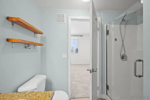 a bathroom with a shower and a toilet