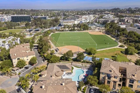 an aerial view of a pool