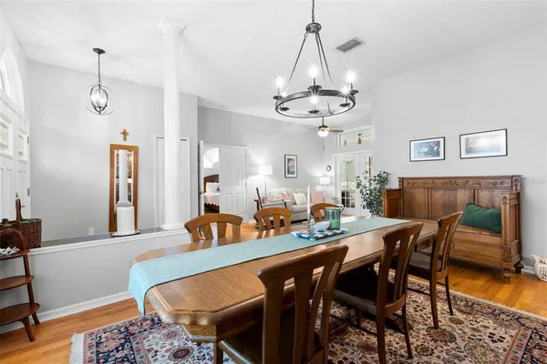 a view of a dining room with furniture