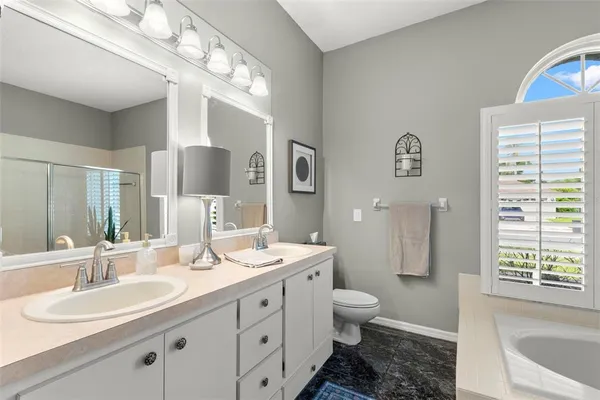 a bathroom with a double vanity sink mirror and toilet