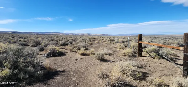 a view of a dry yard with wooden fence