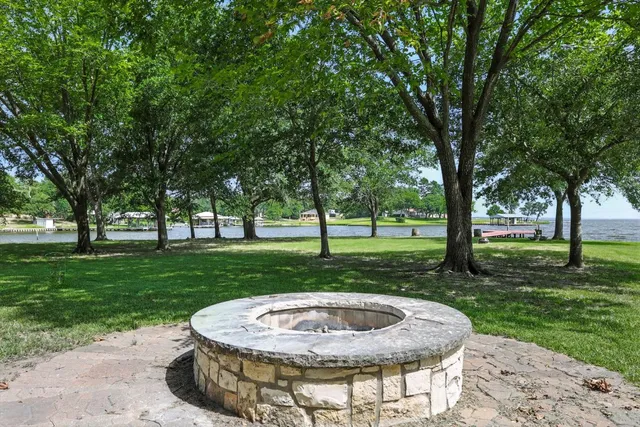 a view of a park with large trees