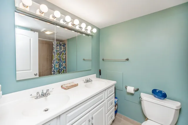 a bathroom with a sink a toilet and a mirror