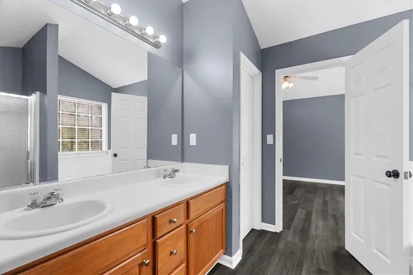 a bathroom with a sink double vanity granite tub and shower