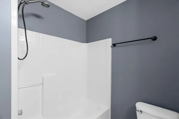 a bathroom with a shower and toilet