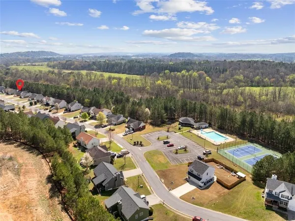 a view of a lake with a terrace