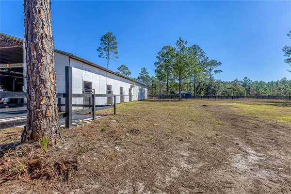 a view of a yard with wooden fence