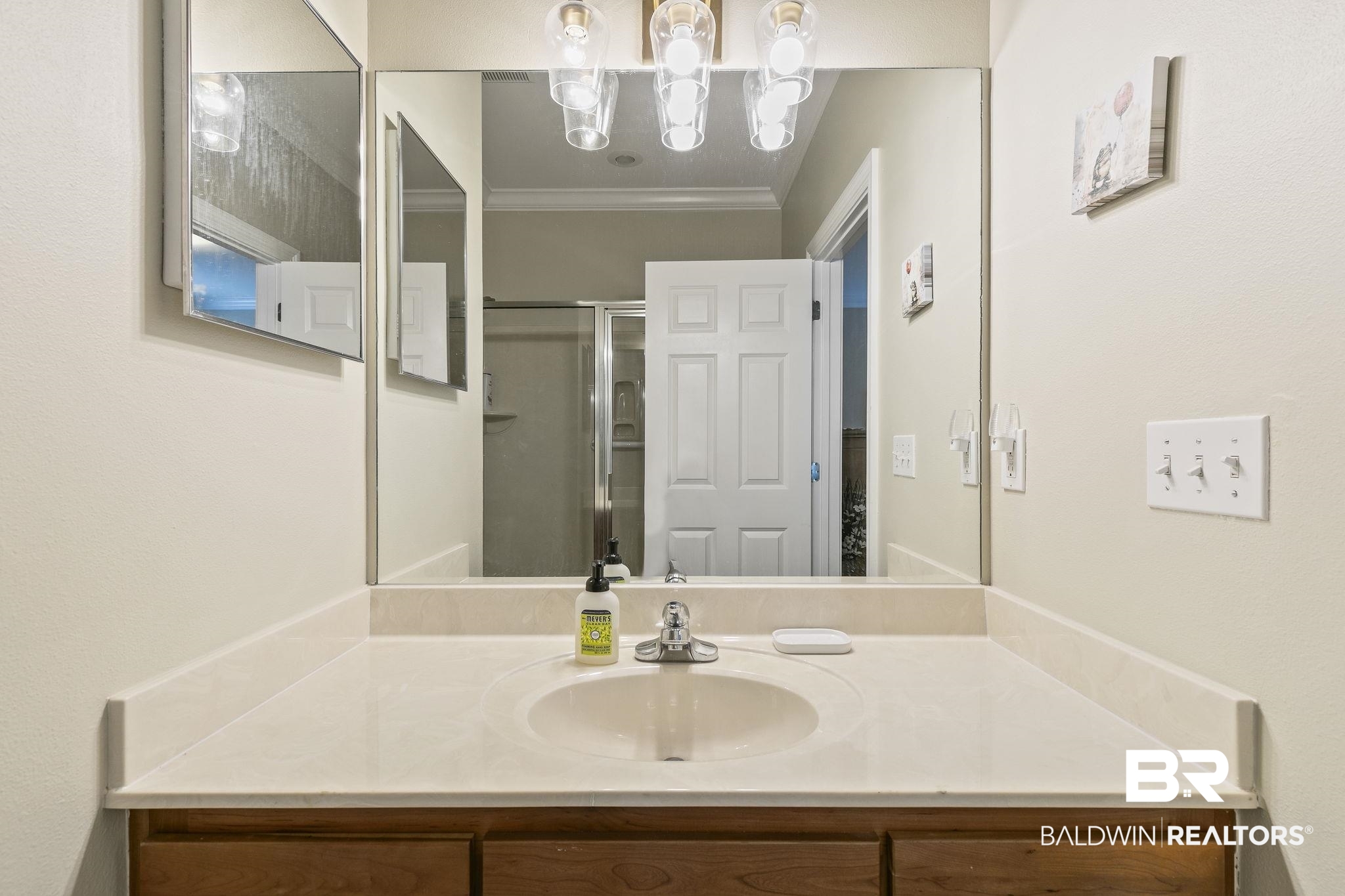 17341 Cabin Road Loxley, AL 36551 - Photo 33 of 49 Bathroom featuring vanity, a shower with door, and ornamental molding