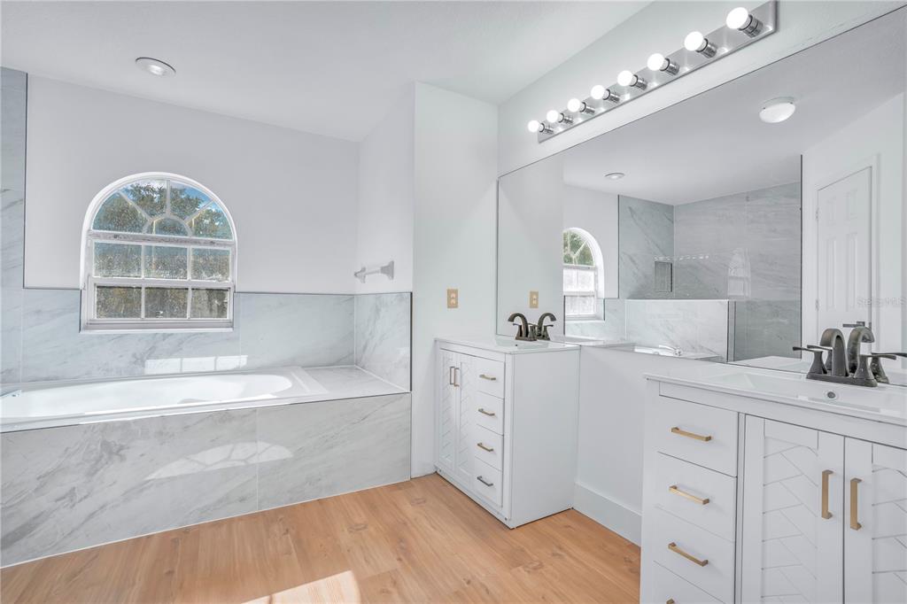 444 Acacia Tree Way Kissimmee, FL 34758 - Photo 19 of 38 a spacious bathroom with a double vanity sink a large mirror and a bathtub