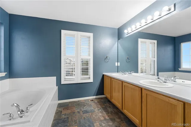 a bathroom with a tub sink and mirror
