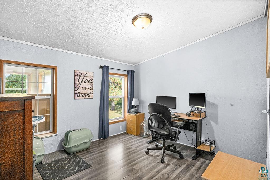 6638 Tabako Road Wright, MN 55798 - Photo 15 of 34 Home office featuring dark wood-style floors, a textured wall, and a textured ceiling