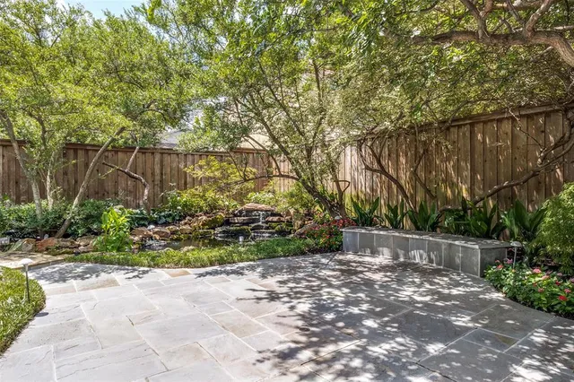 a view of backyard with potted plants and large trees