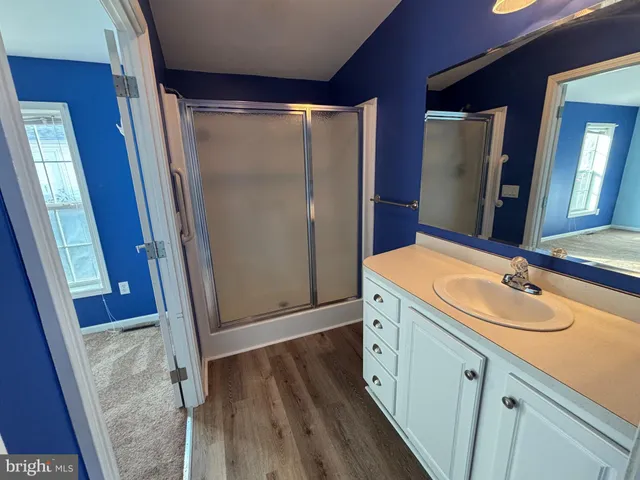 a bathroom with double vanity sink and a mirror